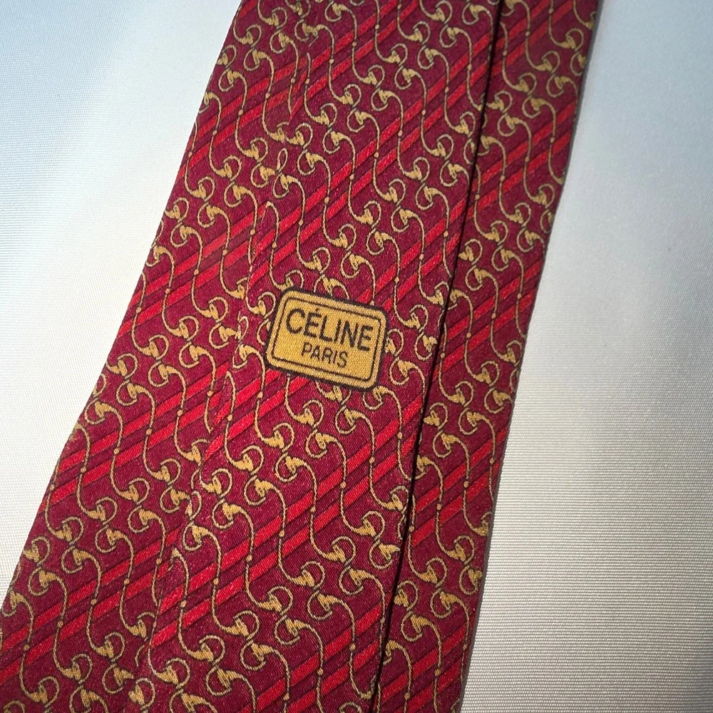 Celine Paris Silk Tie Burgundy Red Gold Horsebit Chain Link Macadam‎ Made Spain